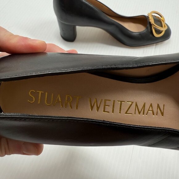 Stuart Weitzman Anicia 60 Black Leather Pumps Gold Buckle Size 5.5 Block Heel - Picture 11 of 13